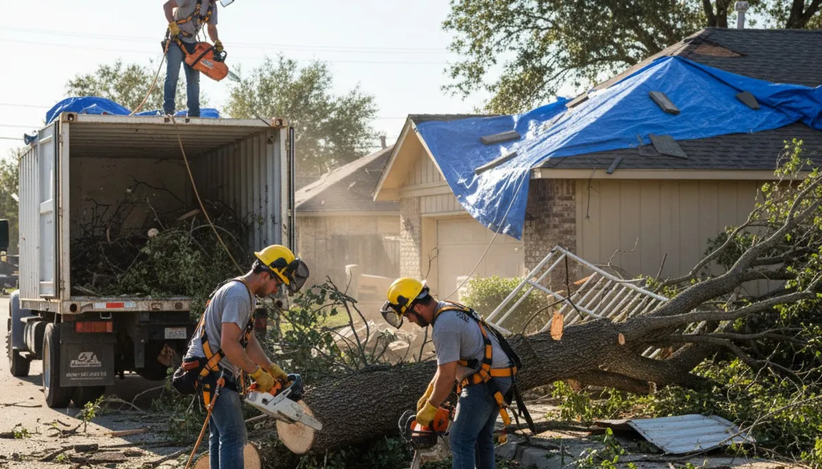 Storm damage tree cleanup crew removing fallen branches in Sarasota, FL