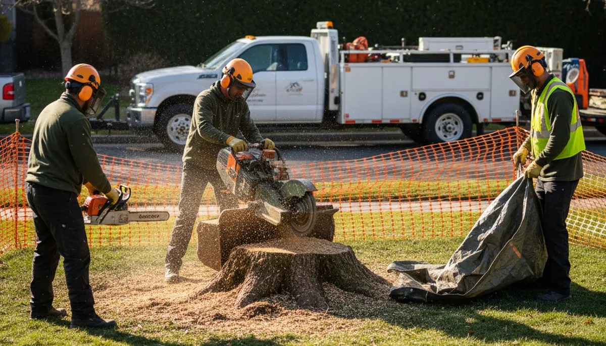 Sarasota, FL tree service crew removing a stump from a yard for stump removal services