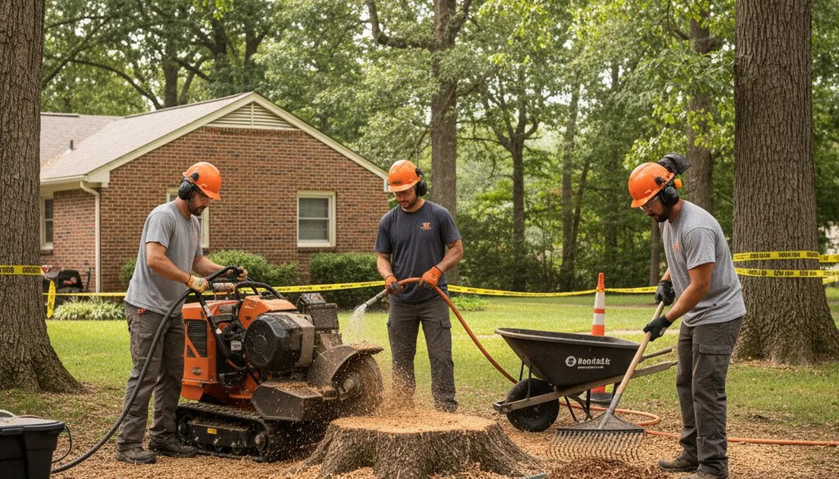 Sarasota, FL tree service crew removing a stump from a yard for stump removal services