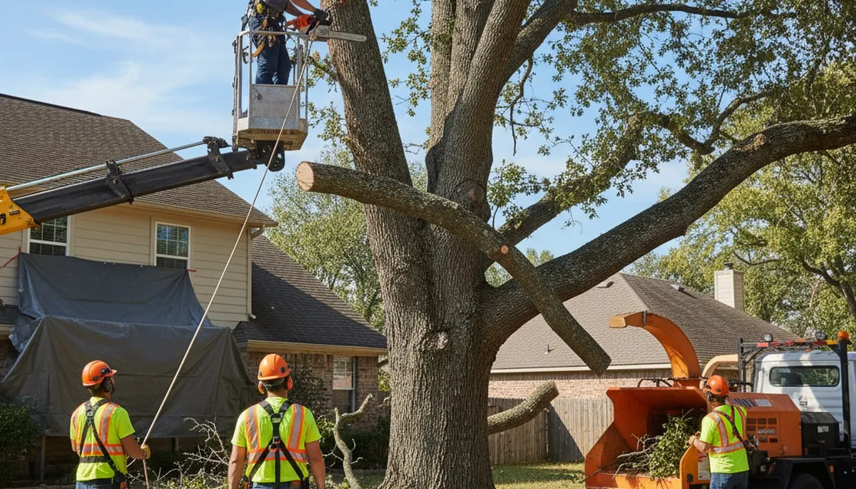 Sarasota, FL tree removal crew safely removing a damaged tree from a residential property