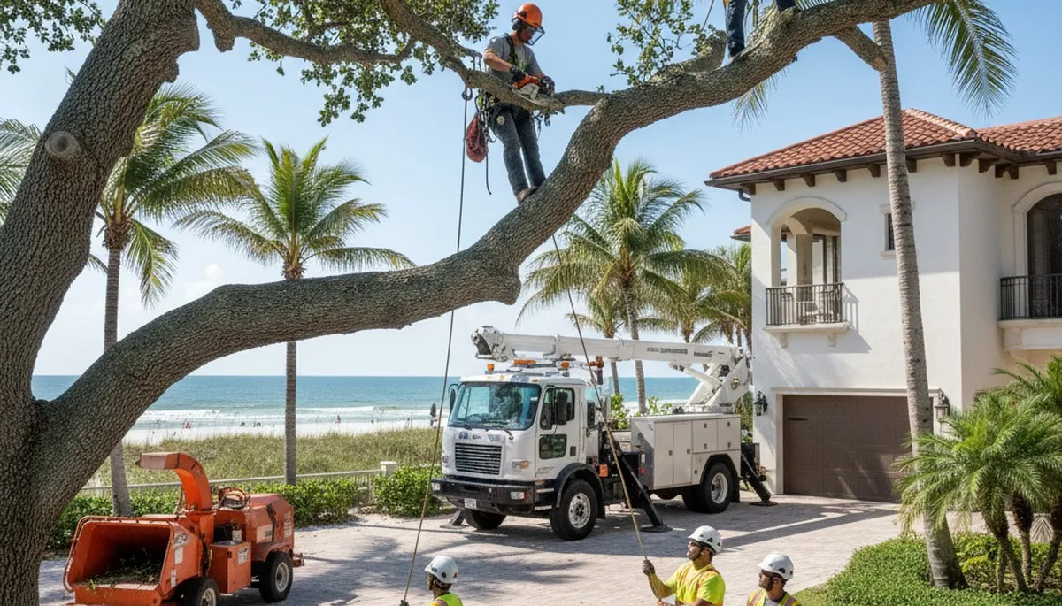 Tree service crew trimming trees in Sarasota, FL for safe residential property maintenance