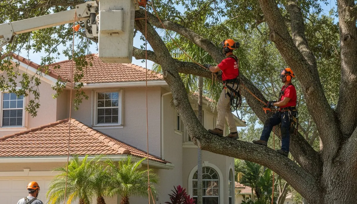 Tree service crew removing a tree in Sarasota, FL for safe, professional property maintenance