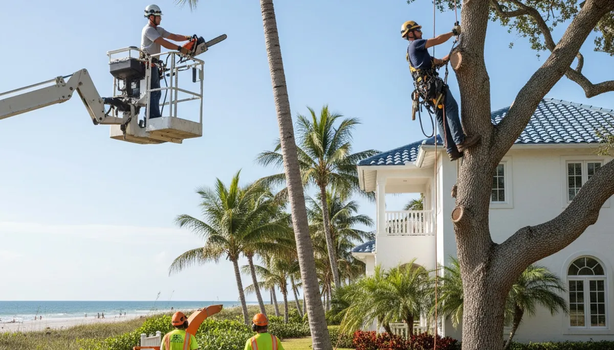 Sarasota, FL tree service crew trimming and removing trees for safe, professional property care