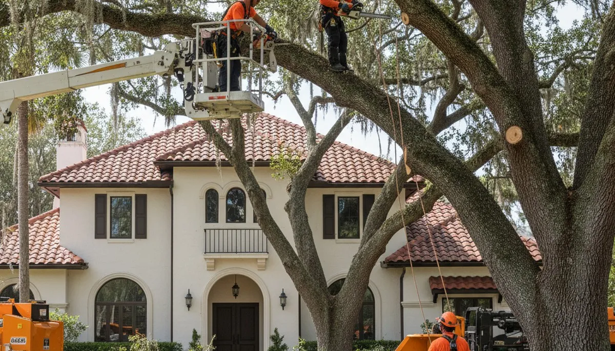 Tree service crew trimming trees in Sarasota, FL for safe, professional property care