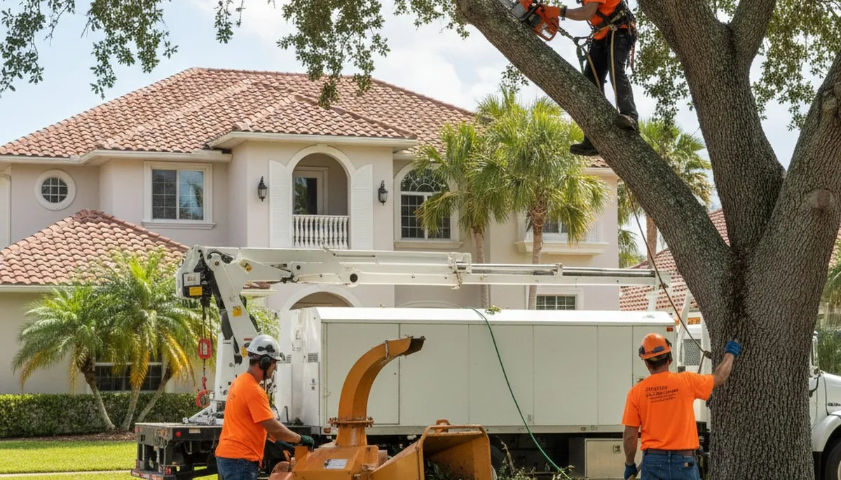 Sarasota, FL tree service crew trimming trees for safe, professional residential care